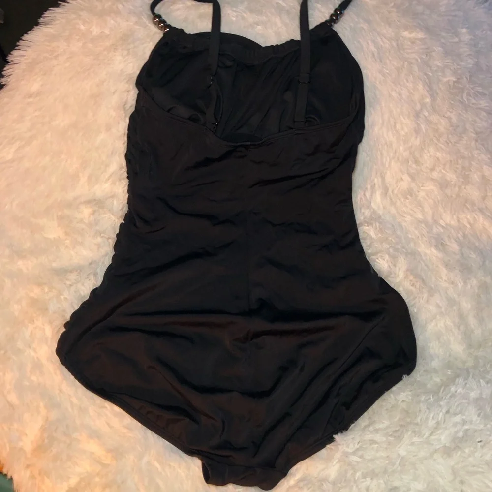 Slimming Draped One-Piece  Black Swimsuit with Straps size 14 8 and 4